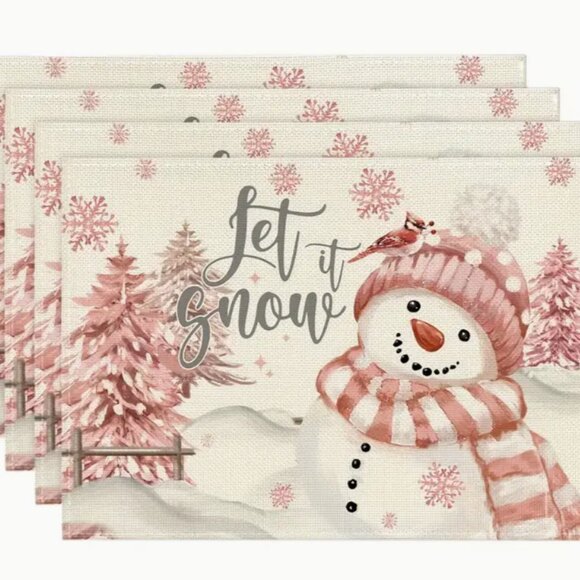 Other - 1/4pcs, Pink Christmas Placemats, Linen Pink Snowman Trees Christmas Placemats